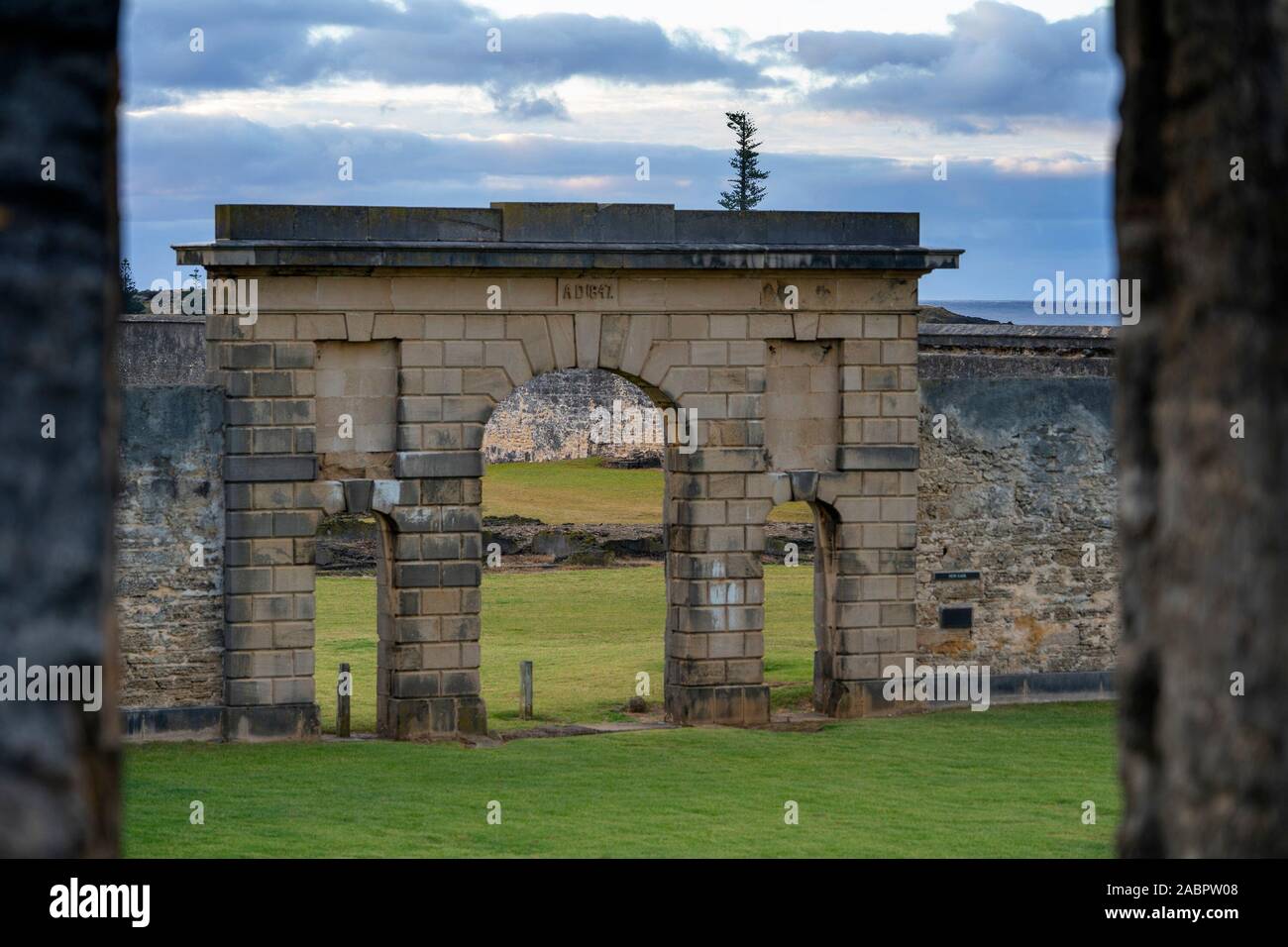 Gateway of the New Gaol built 1836-1847 in the most cruel times of convict settlement. Norfolk Island, Australia Stock Photo