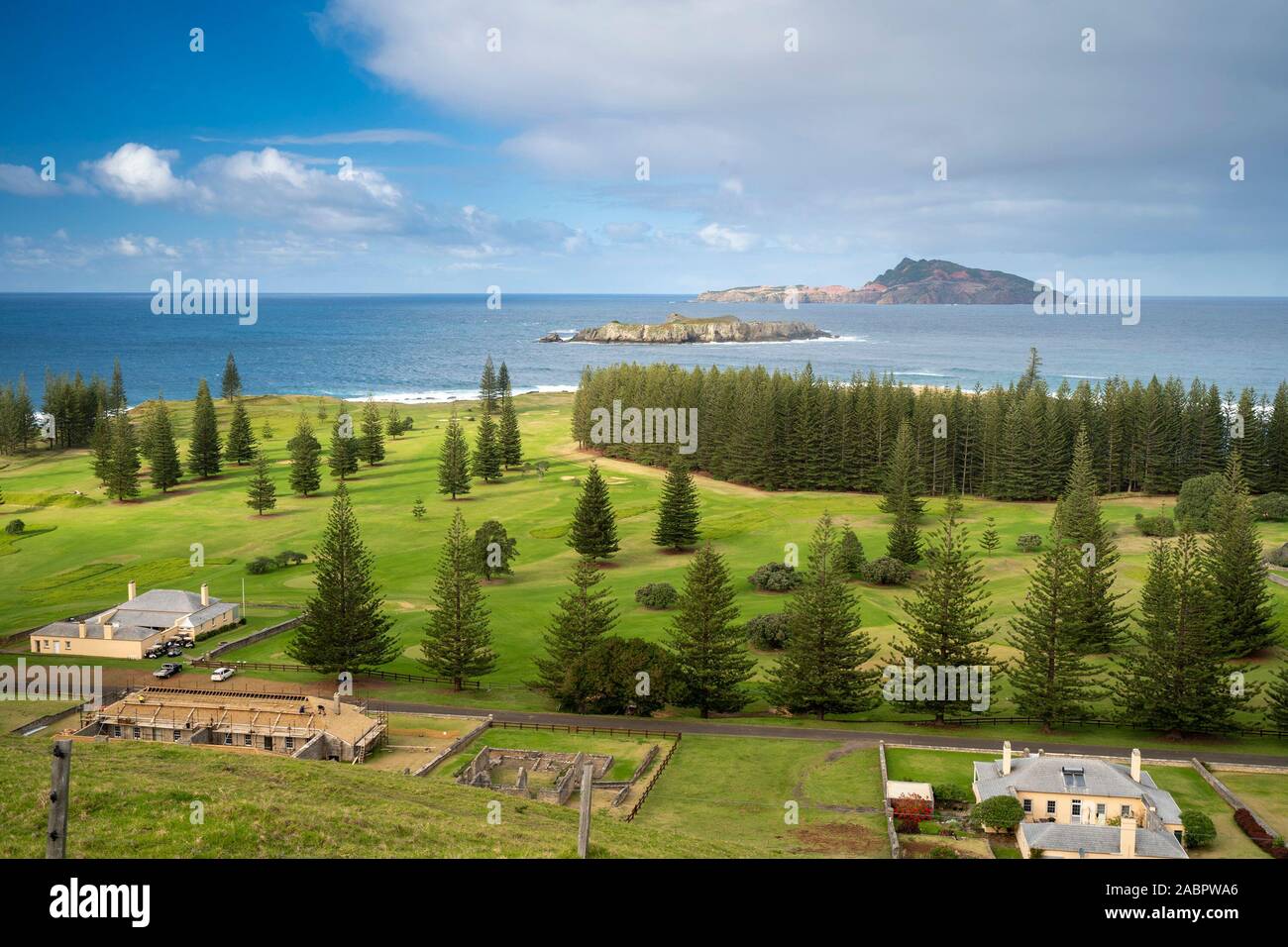 Vista from Queen Elizabeth Lookout of part of the Kingston and Arthur’s Vale Historic Area with uninhabited Nepean Island and Philllip Island in the d Stock Photo