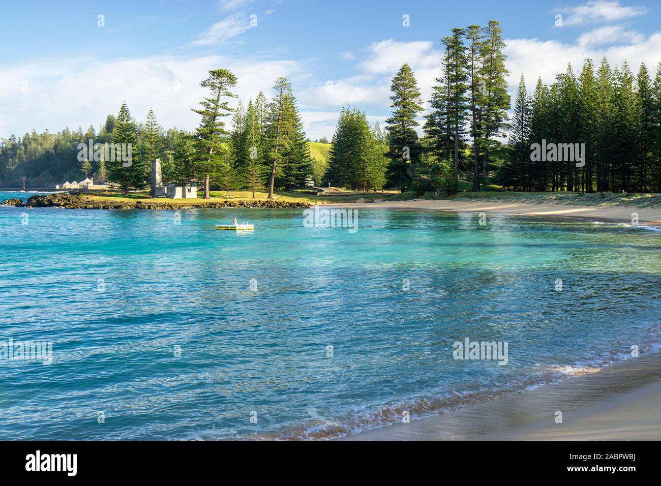 Emily Bay, the island’s safest swimming area, and ruins of the 1848