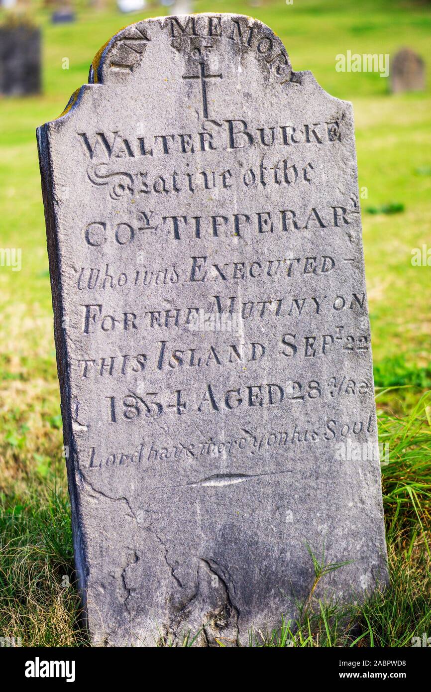 Headstone in Cemetery Reserve in Kingston and Arthur’s Vale. The cemetery has been in use since about 1798 and the gravestones bear witness to convict Stock Photo