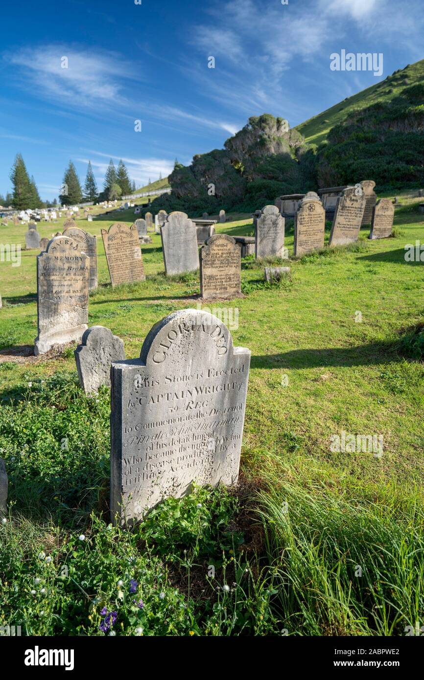 Headstones in Cemetery Reserve in Kingston and Arthur’s Vale. The cemetery has been in use since about 1798 and the gravestones bear witness to convic Stock Photo