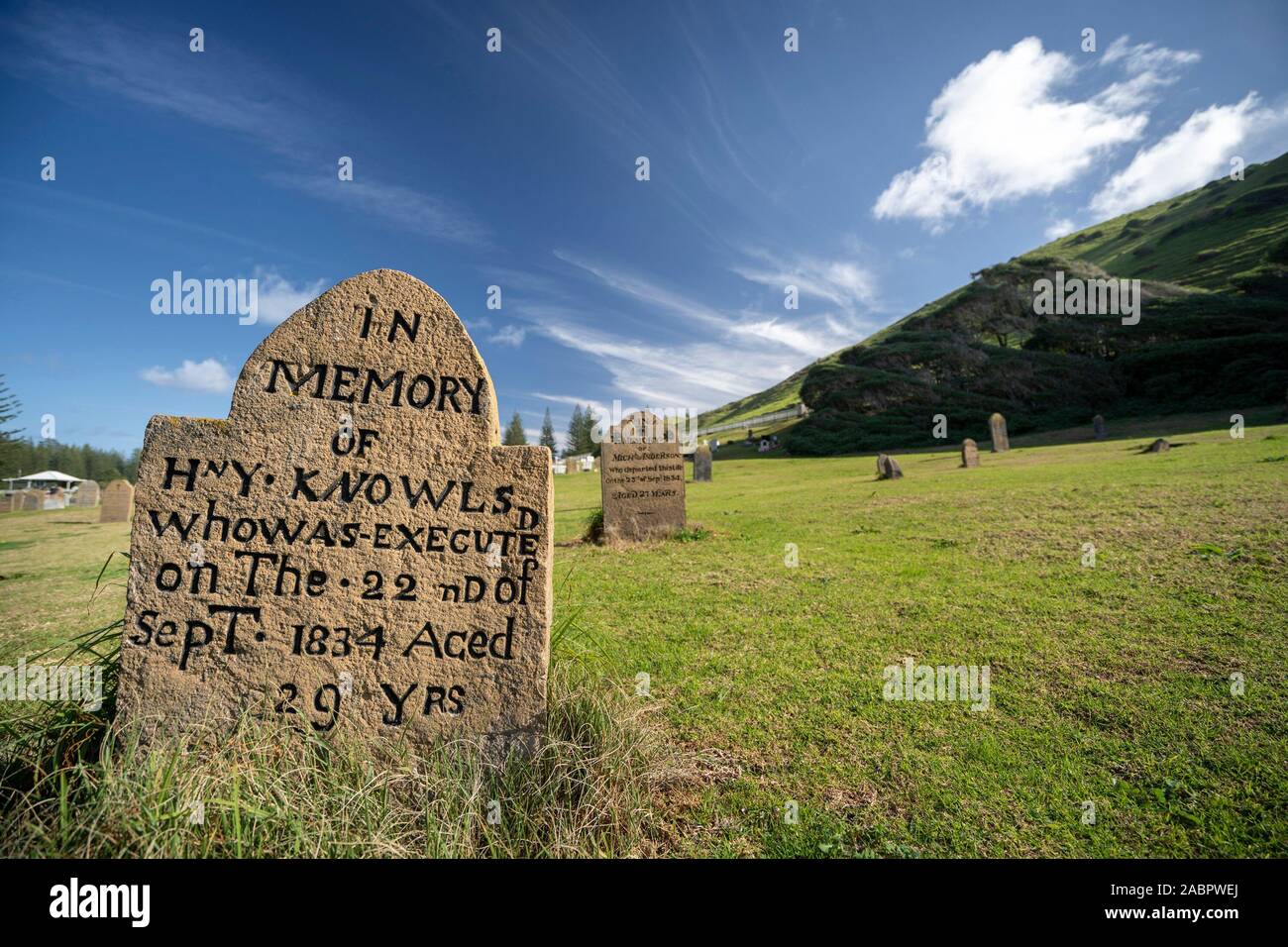 Headstone in Cemetery Reserve in Kingston and Arthur’s Vale. The cemetery has been in use since about 1798 and the gravestones bear witness to convict Stock Photo