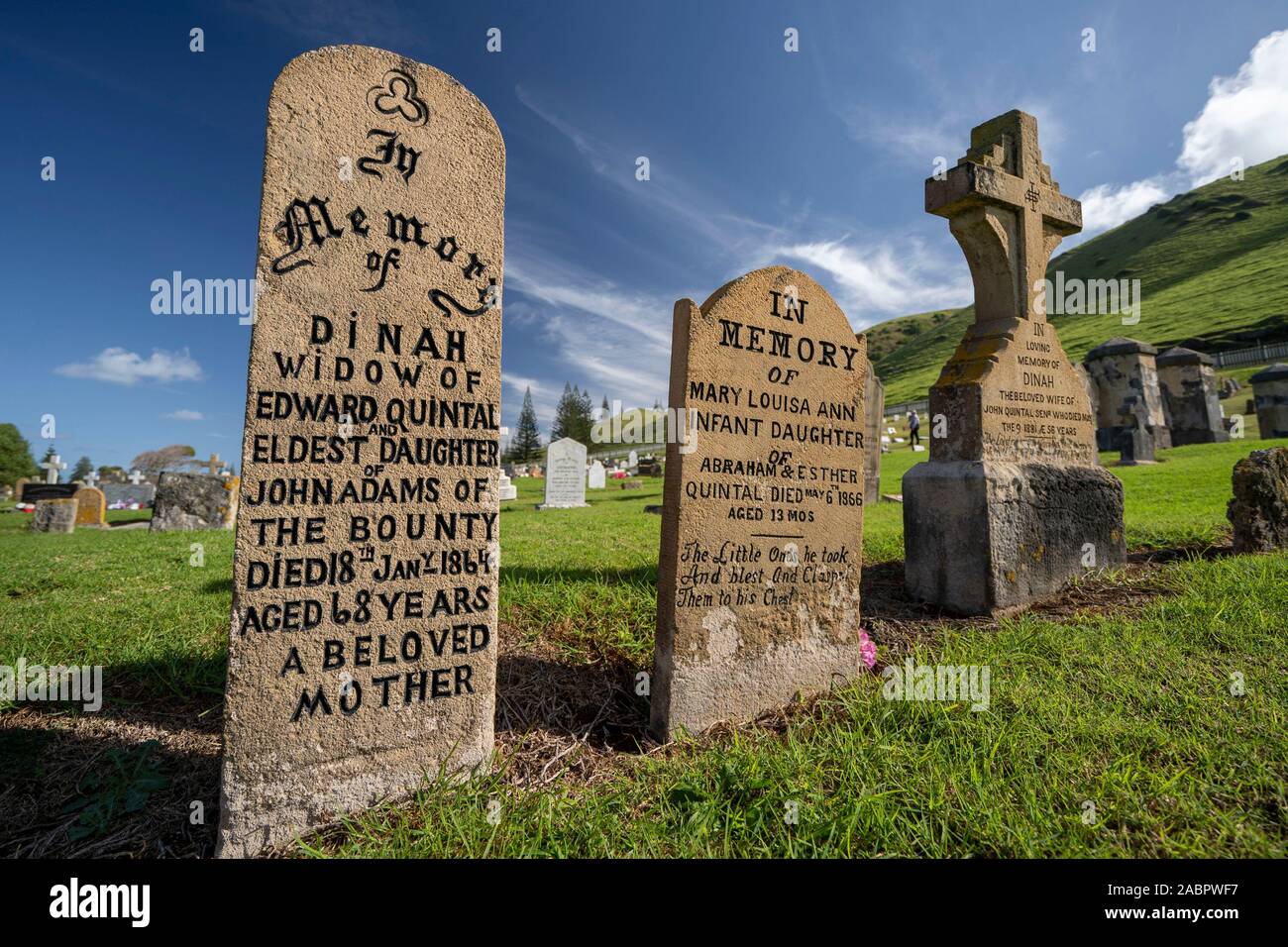 Headstones in Cemetery Reserve in Kingston and Arthur’s Vale. The cemetery has been in use since about 1798 and the gravestones bear witness to convic Stock Photo