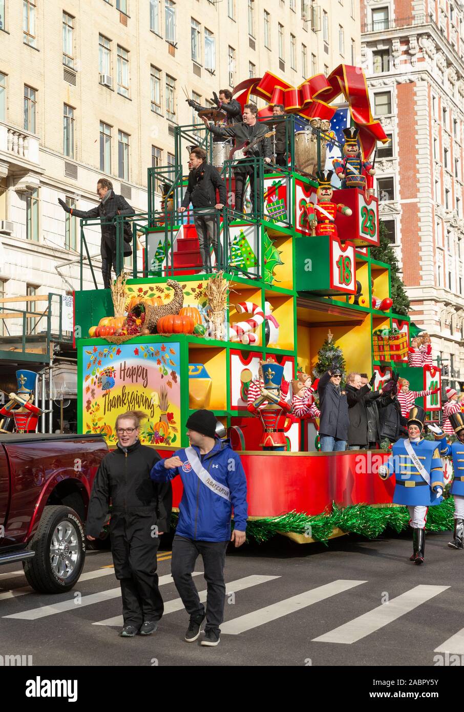 New York, NY - November 28, 2019: Chicago band rides float Heartwarming Holiday Countdown by Hallmark Channel at 93rd Annual Macy's Thanksgiving Day Parade alone Central Park West Stock Photo