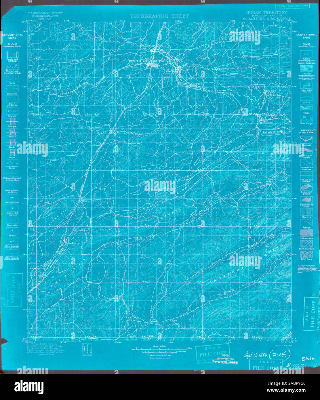 USGS TOPO Map Oklahoma OK McAlester 802541 1898 125000 Inverted Restoration Stock Photo