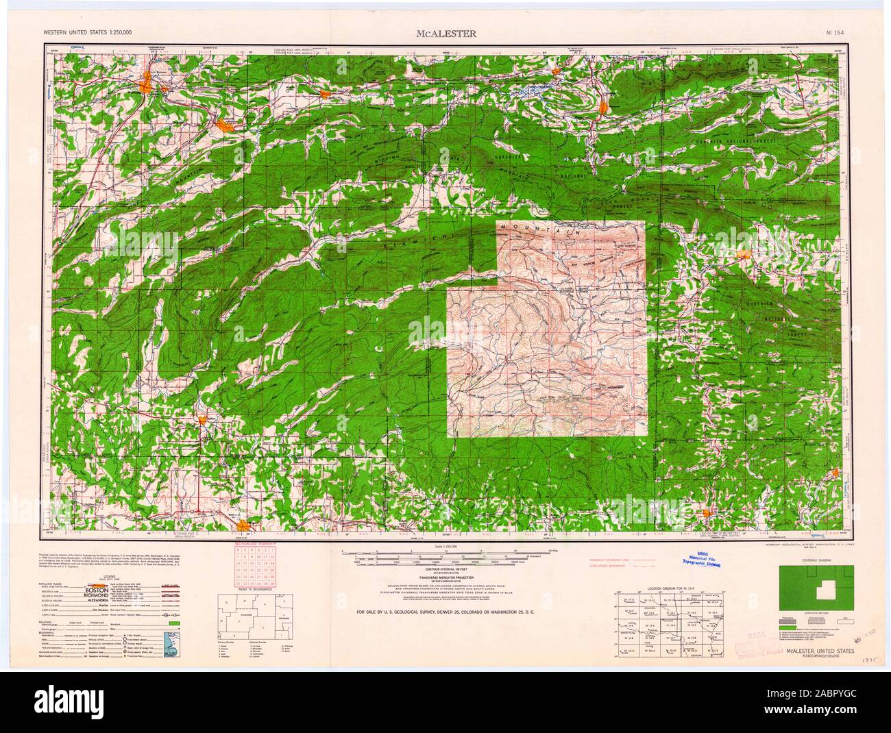 USGS TOPO Map Oklahoma OK McAlester 800935 1962 250000 Restoration Stock Photo