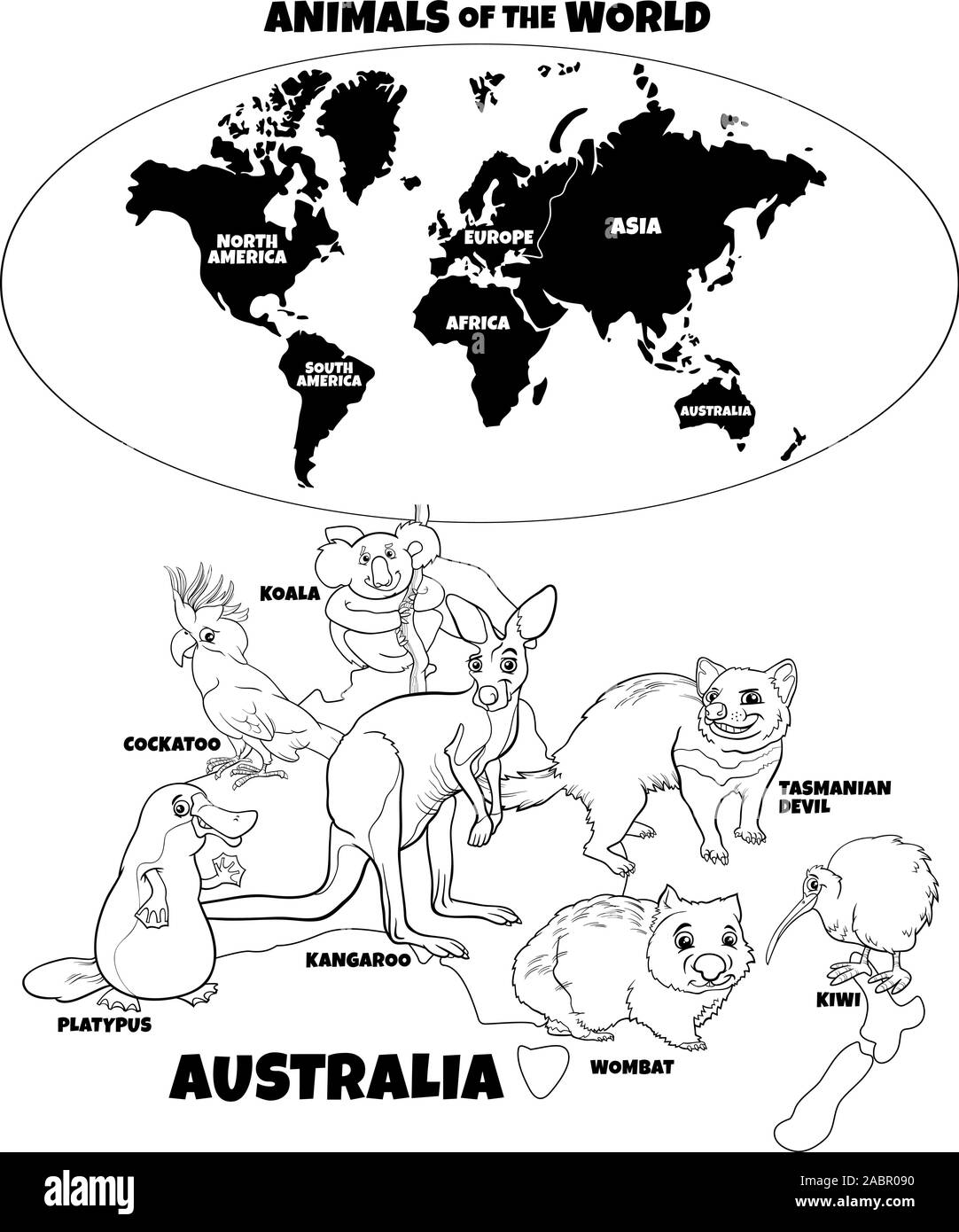 Download Black And White Educational Cartoon Illustration Of Australian Animals And World Map With Continents Coloring Book Page Stock Vector Image Art Alamy