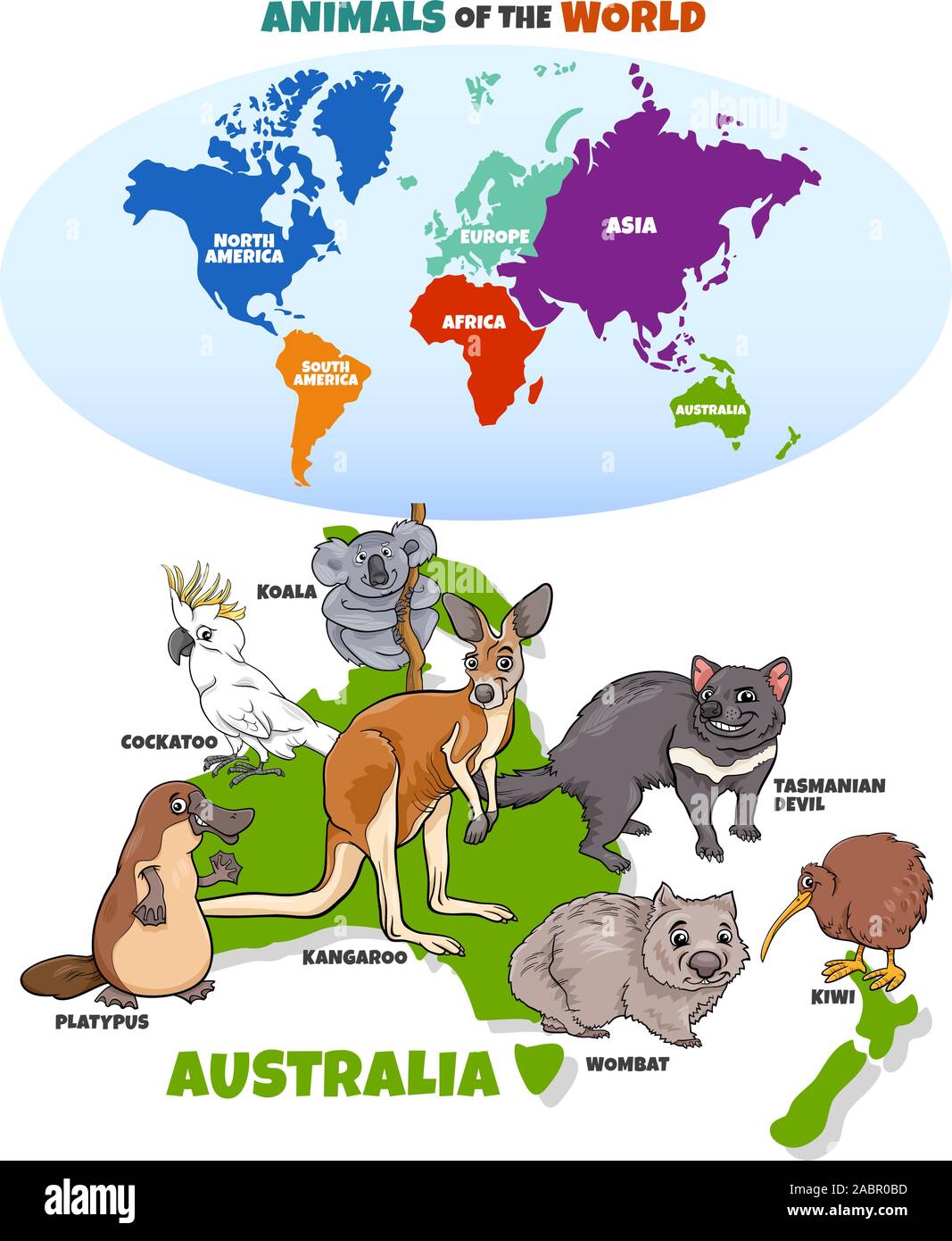 Educational Cartoon Illustration of Australian Animals and World Map with  Continents Stock Vector Image & Art - Alamy
