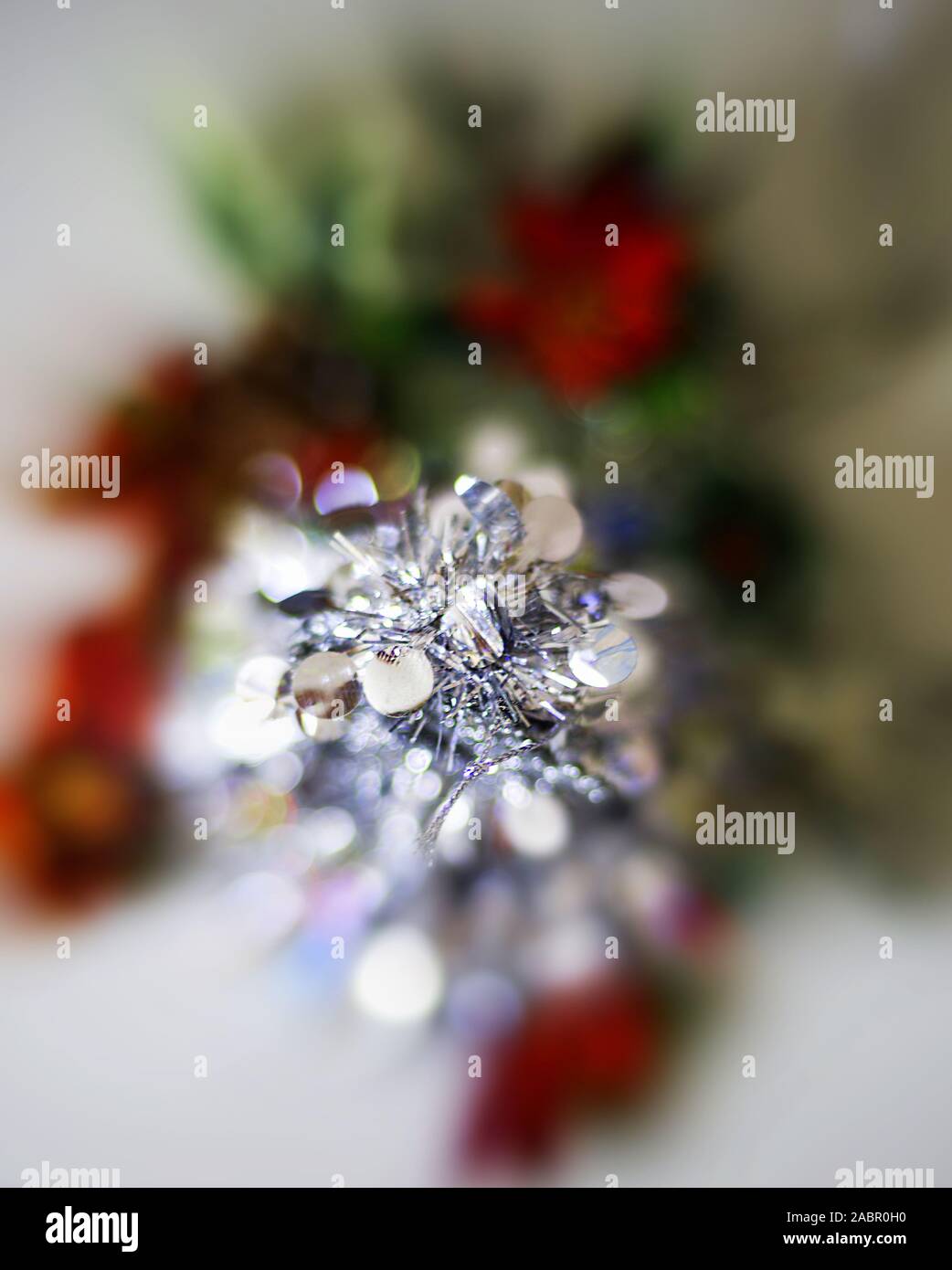 Macro vertical photograph taken from above of the top of a homemade Christmas tree with shallow depth of field. Stock Photo