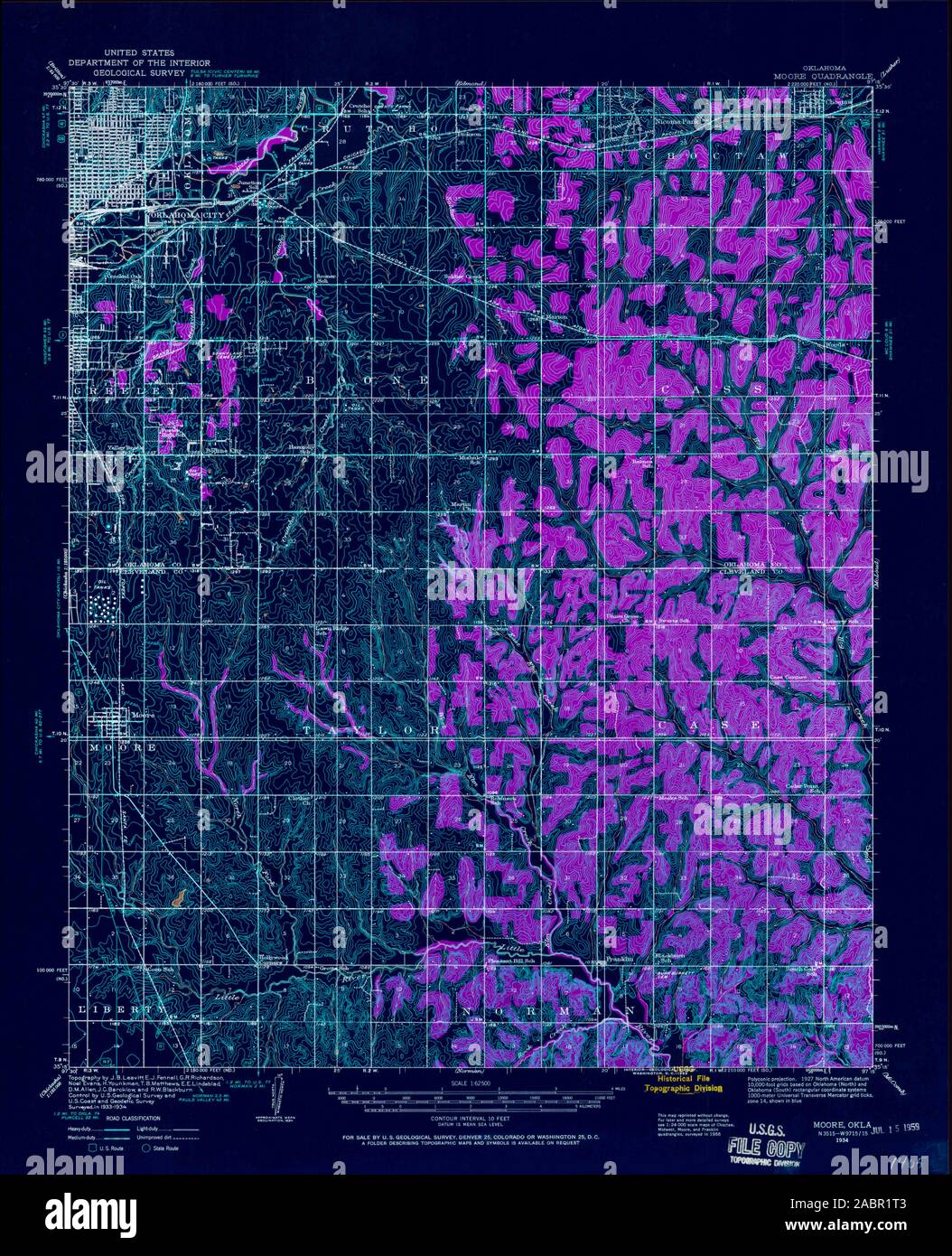 USGS TOPO Map Oklahoma OK Moore 800942 1934 62500 Inverted Restoration Stock Photo