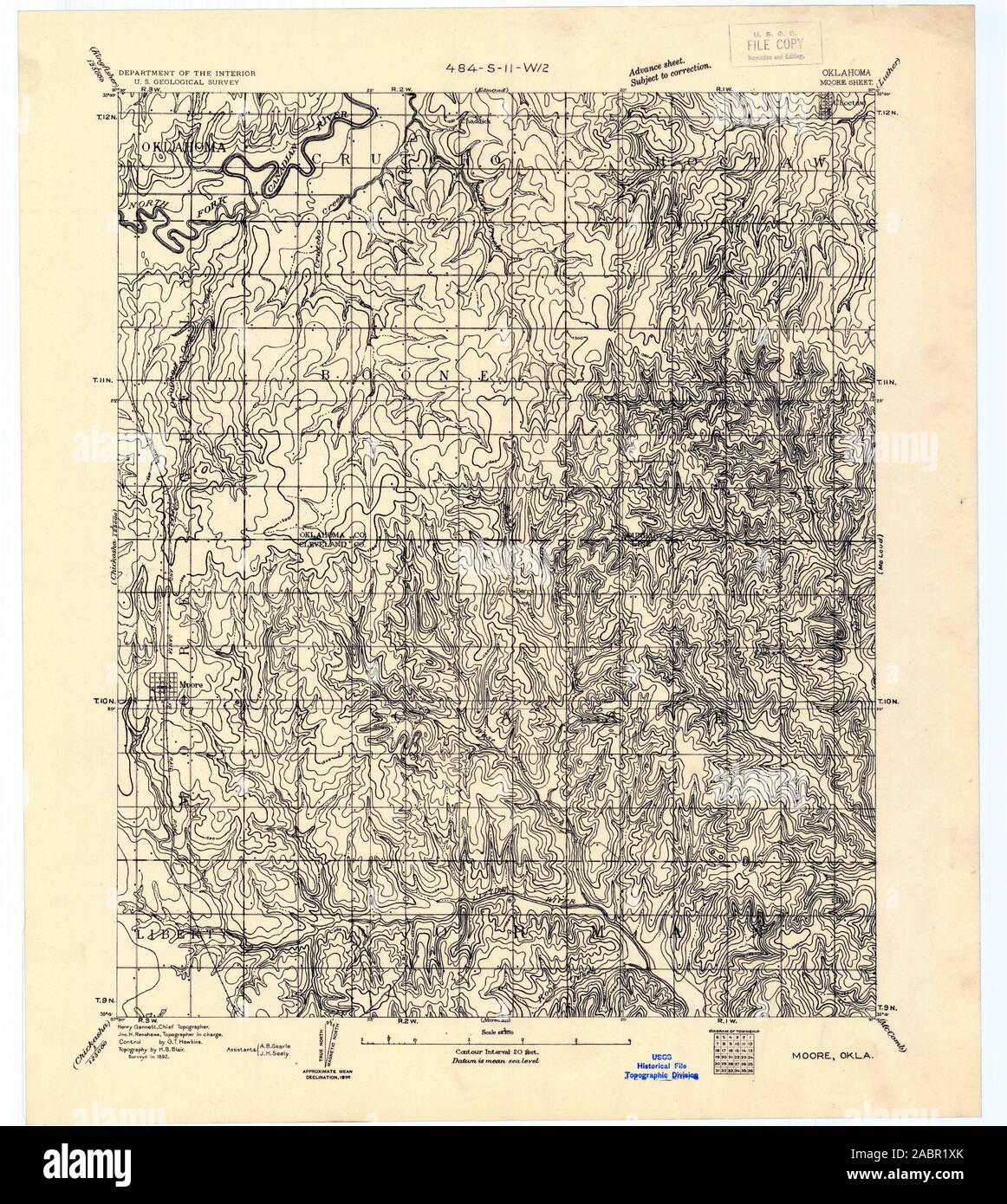 USGS TOPO Map Oklahoma OK Moore 802545 1892 62500 Restoration Stock Photo