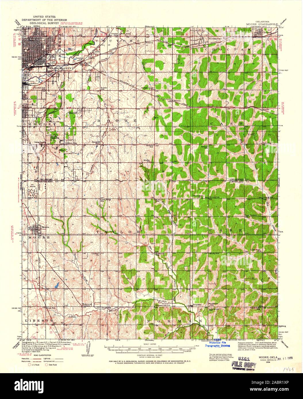 USGS TOPO Map Oklahoma OK Moore 800942 1934 62500 Restoration Stock Photo