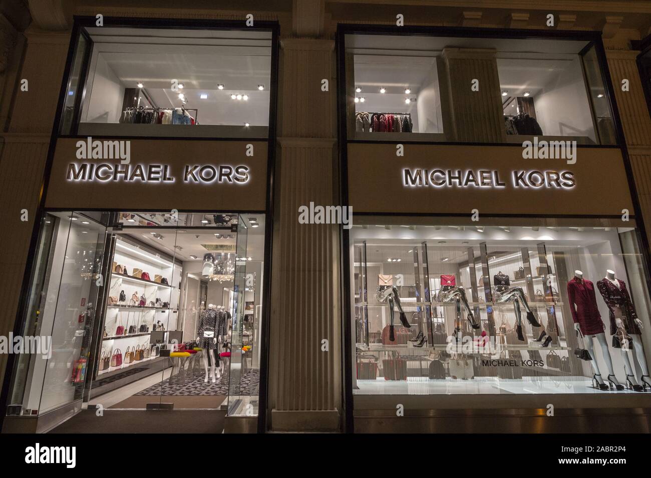 VIENNA, AUSTRIA - NOVEMBER 6, 2019: Michael Kors logo in front of their boutique for Vienna. Michael Kors is an American luxury fashion designer & man Stock Photo