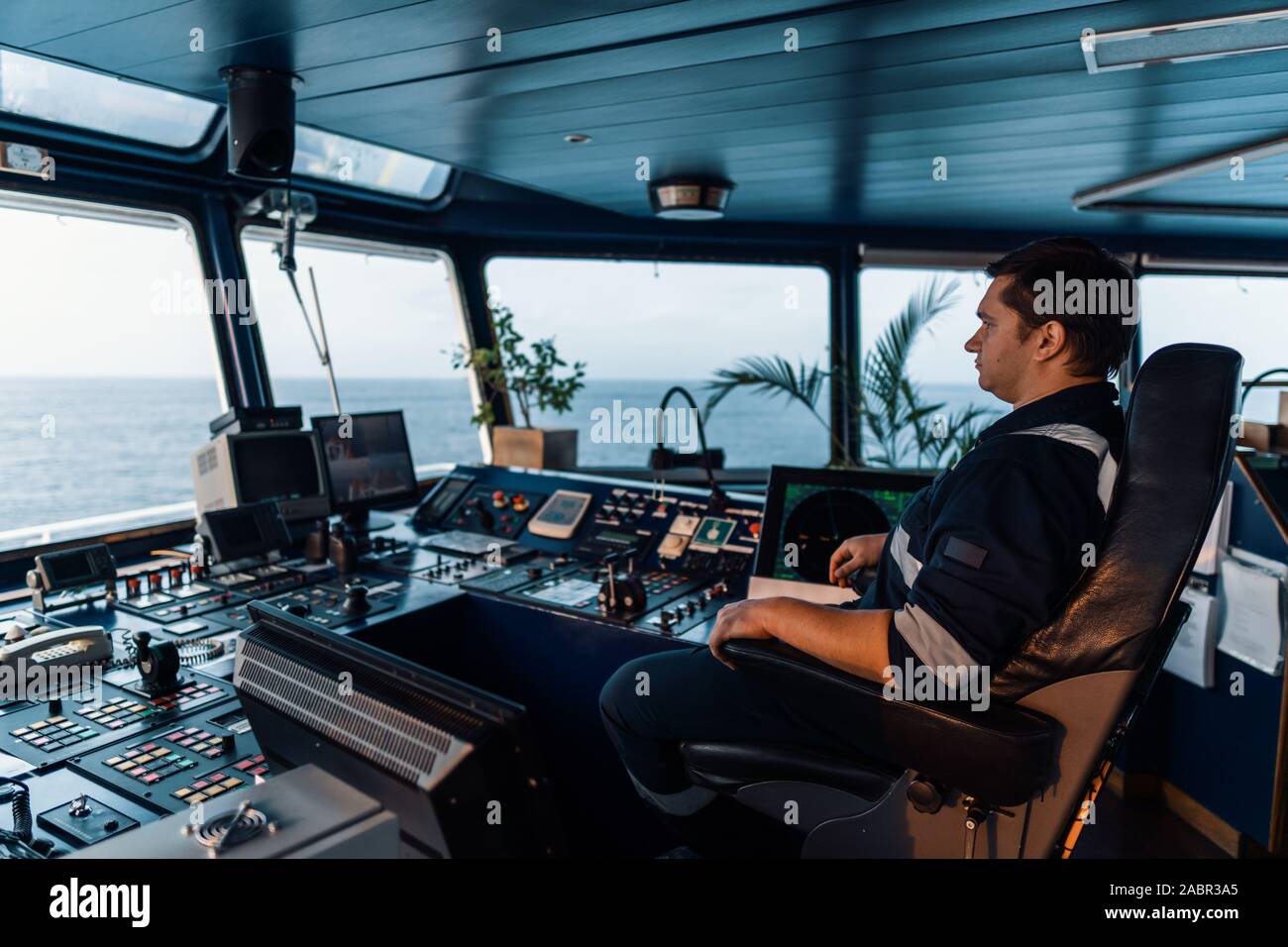 Marine navigational officer during navigational watch on Bridge . Work