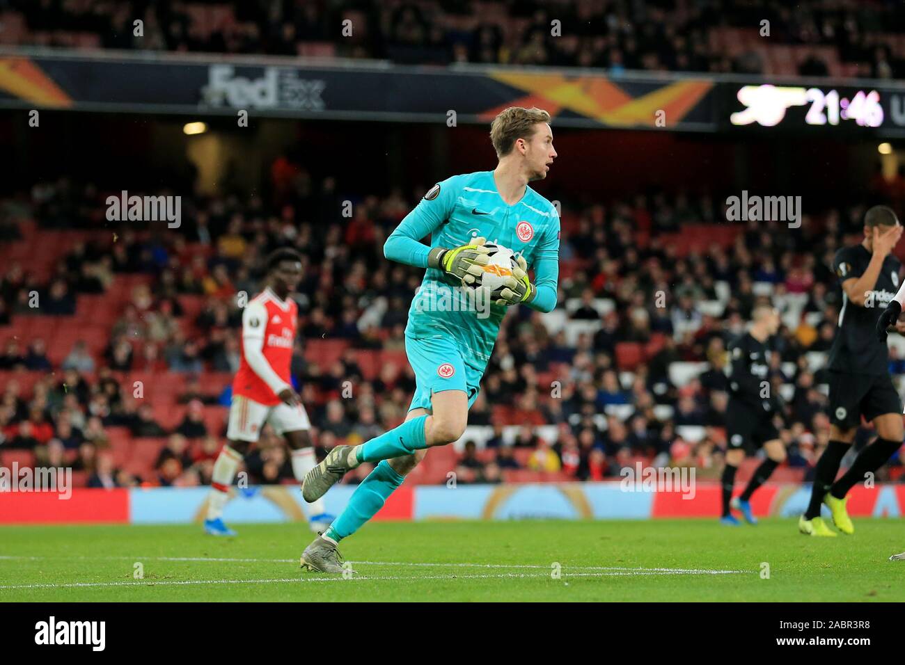 London, UK. 28th November, 2019. Frederik Ronnow of Eintracht Frankfurt during the UEFA Europa League match between Arsenal and Eintracht Frankfurt at the Emirates Stadium, London on Thursday 28th November 2019. (Credit: Leila Coker | MI News) Photograph may only be used for newspaper and/or magazine editorial purposes, license required for commercial use Credit: MI News & Sport /Alamy Live News Stock Photo