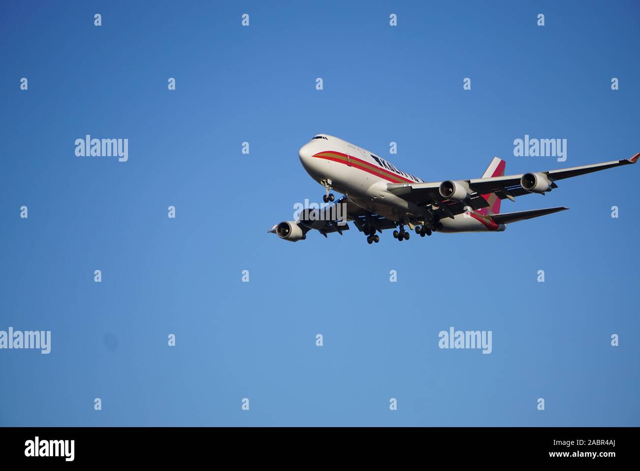 Kalitta Air Boeing 747 on approach to Chicago's O'Hare International Airport from Liege, Belgium. Stock Photo