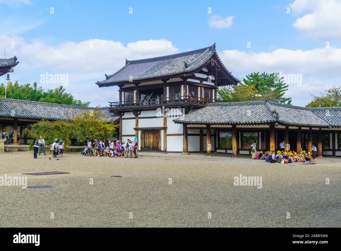 Ikaruga, Japan - October 5, 2019: View of the Horyu-ji compound, with visitors, it is a Buddhist temple in Ikaruga, Nara prefecture, Japan Stock Photo