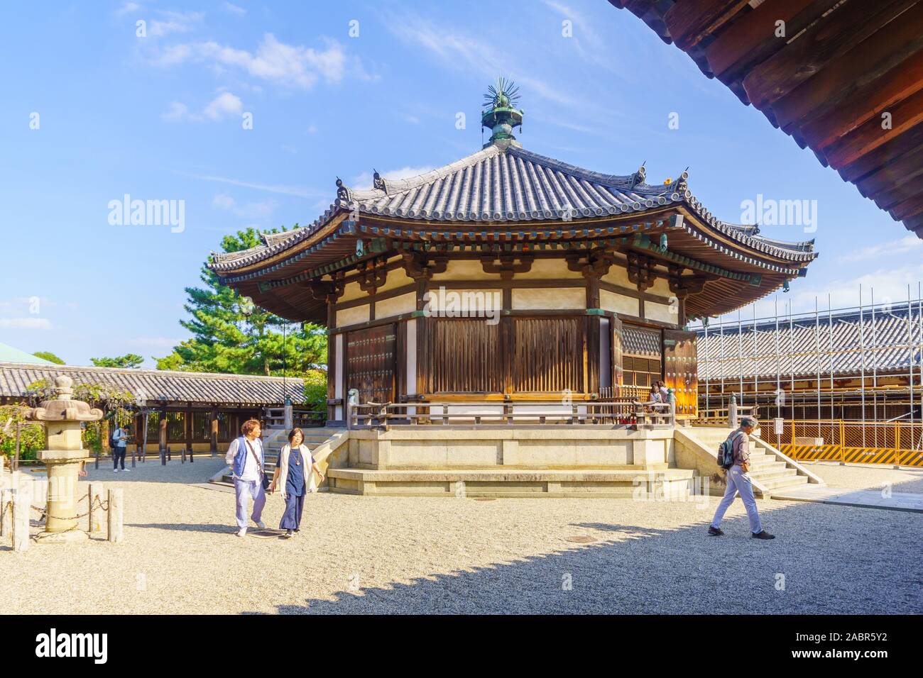 Ikaruga, Japan - October 5, 2019: View of the Horyu-ji compound and Yumedono, with visitors, it is a Buddhist temple in Ikaruga, Nara prefecture, Japa Stock Photo