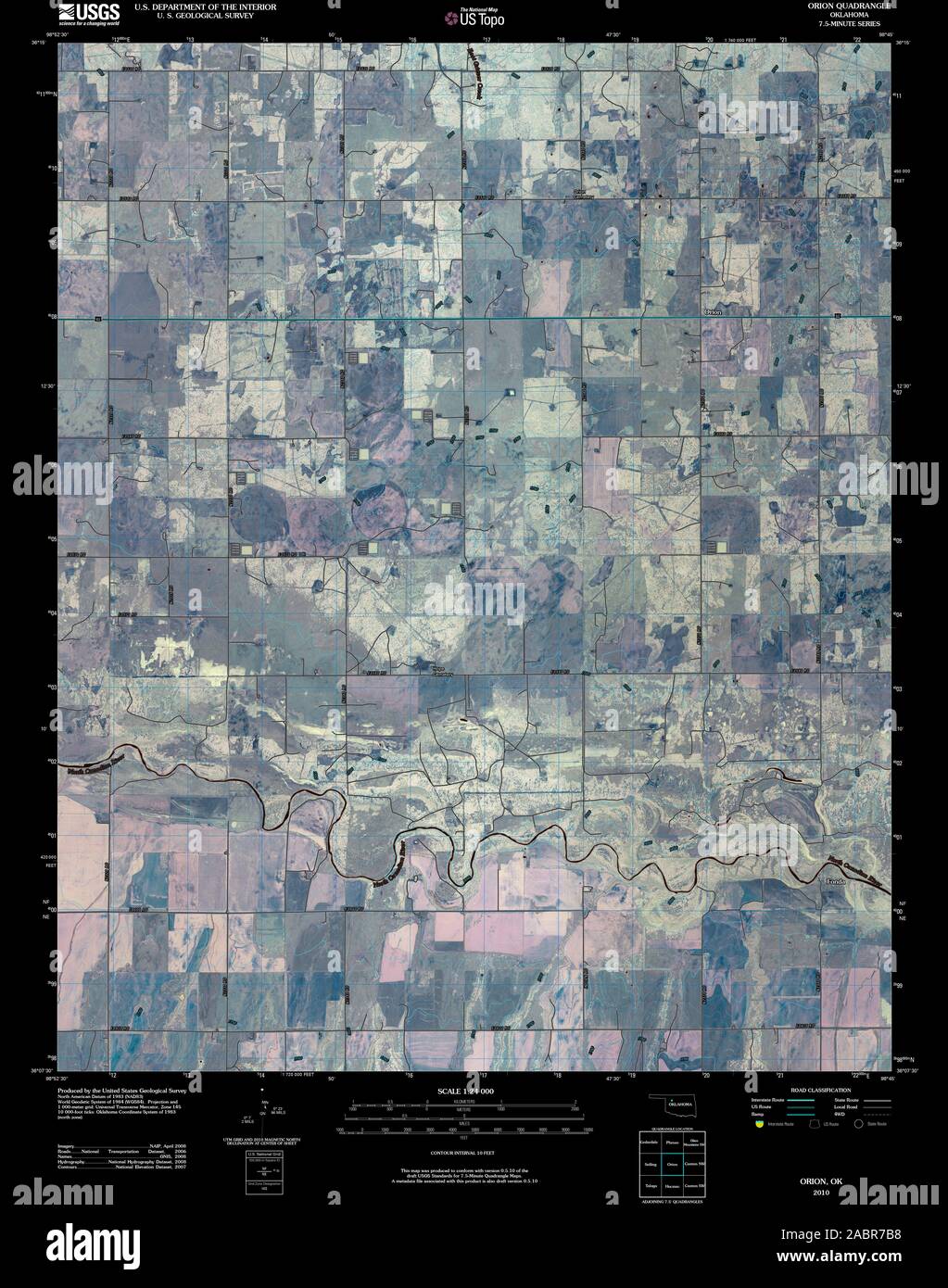 USGS TOPO Map Oklahoma OK Orion 20100127 TM Inverted Restoration Stock Photo