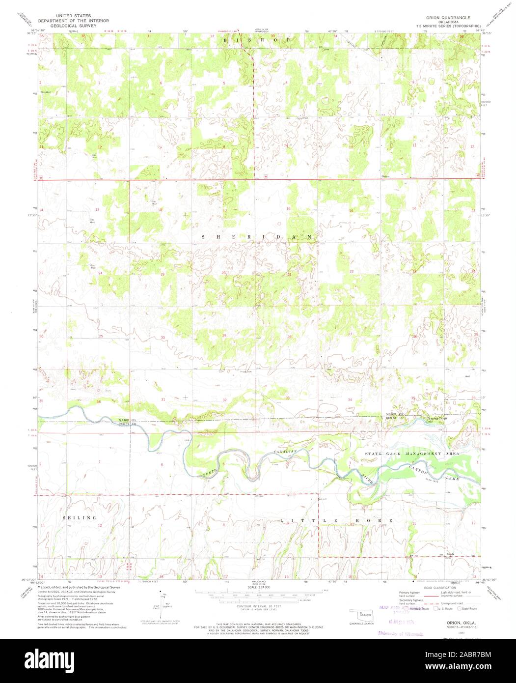 USGS TOPO Map Oklahoma OK Orion 706524 1972 24000 Restoration Stock Photo
