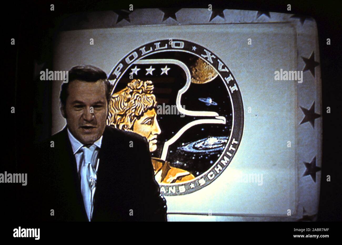 Teleclip - 'Reggie' Bosanquet British broadcaster for ITN presenting the Apollo 17 Moon Landing - photograph taken directly from color TV screen during live broadcast in the UK - 1972 Stock Photo