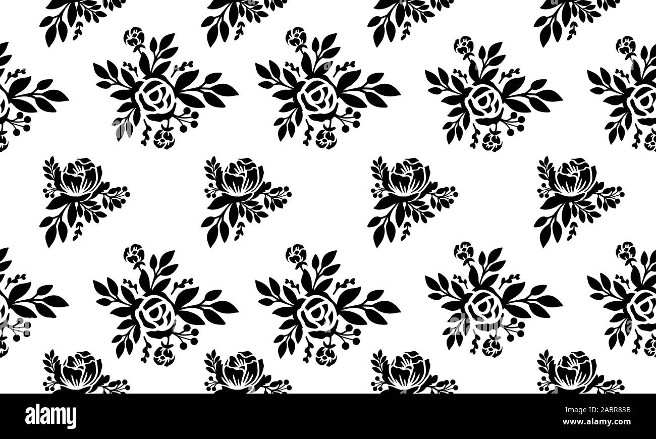 Beautiful black and white seamless floral pattern, flower leaves design ...