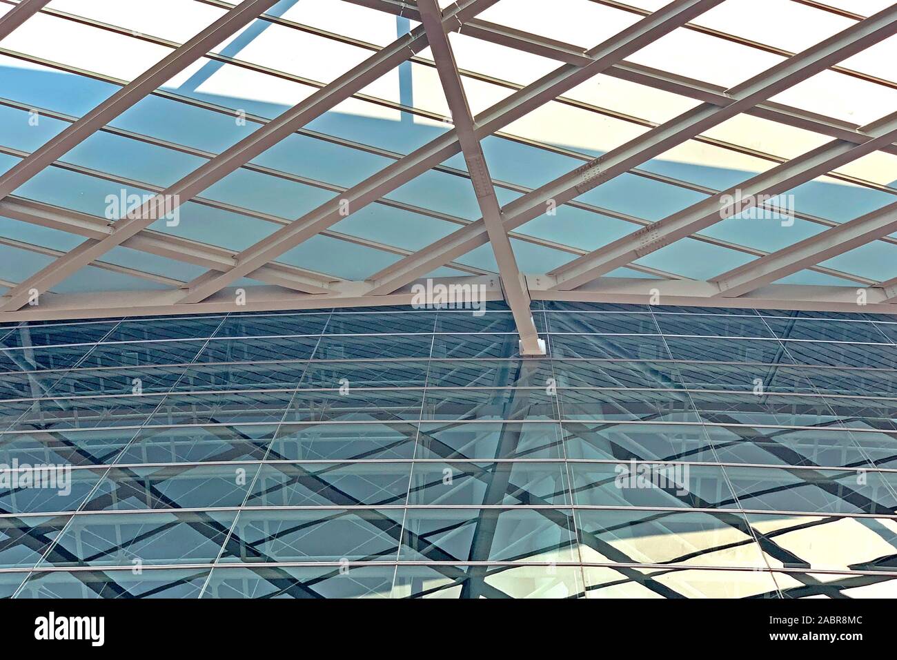 The exterior roof top and exterior glass window of modern exhibition center building in Hong Kong city Stock Photo