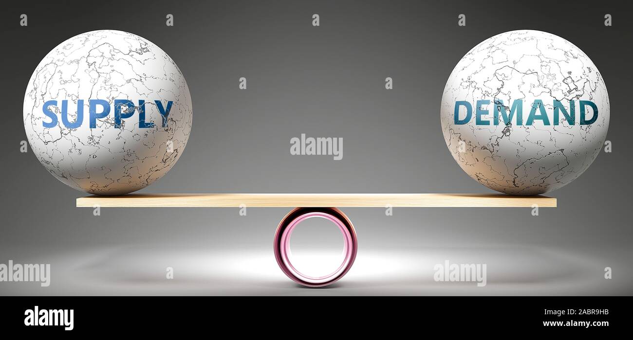 Supply and demand in balance pictured as balanced balls on scale that
