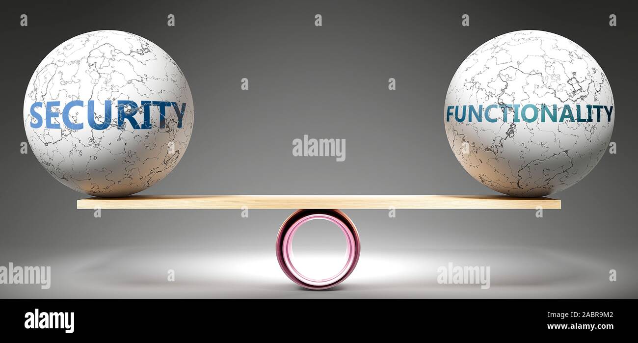 Security and functionality in balance - pictured as balanced balls on scale that symbolize harmony and equity between Security and functionality that Stock Photo