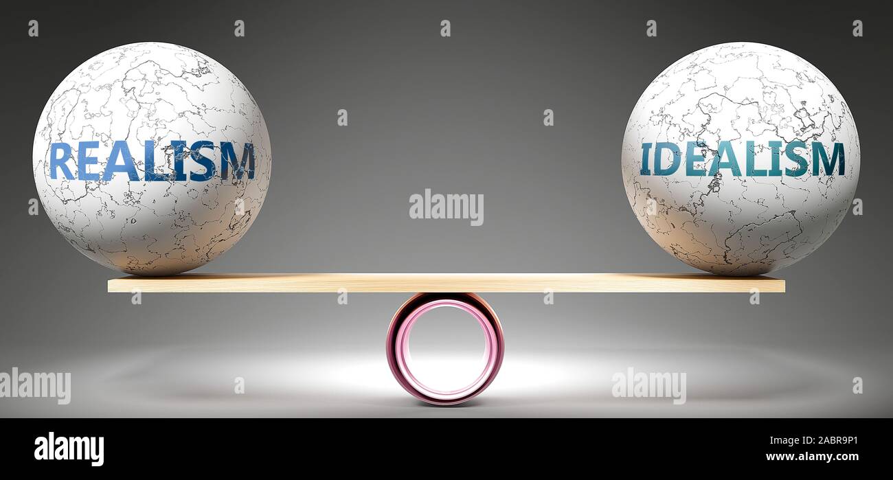 Realism and idealism in balance - pictured as balanced balls on scale that symbolize harmony and equity between Realism and idealism that is good and Stock Photo