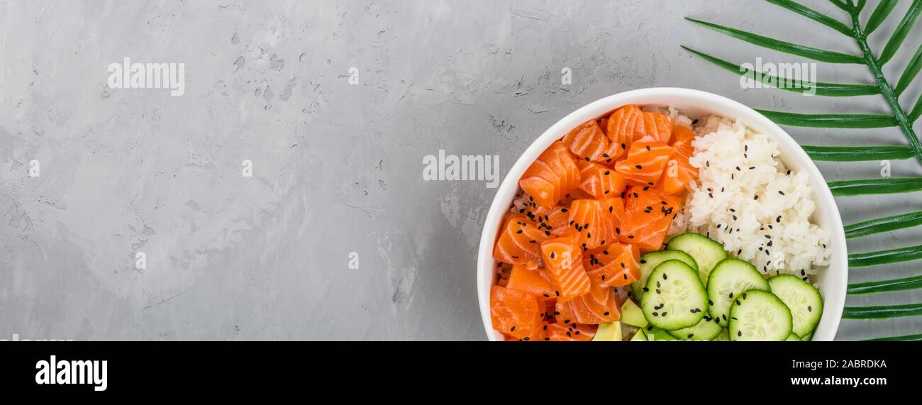 Download Hawaiian Salmon Bowl With Cucumbers Avocado Sesame Seeds And Rice Top View Overhead Flat Lay Mock Up Template Healthy Food Concept Stock Photo Alamy