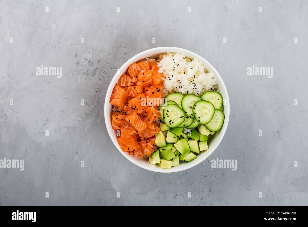 Download Hawaiian Salmon Bowl With Cucumbers Avocado Sesame Seeds And Rice Top View Overhead Flat Lay Mock Up Template Healthy Food Concept Stock Photo Alamy