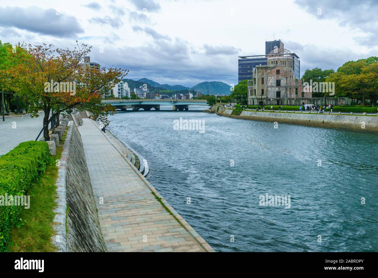 Hiroshima, Japan - October 12, 2019: View of the Atomic Bomb Dome, with locals and visitors, in Hiroshima, Japan Stock Photo