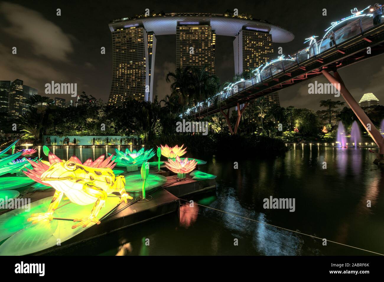 Lantern festival night scene with Marina Bay Sand and bridge. Stock Photo