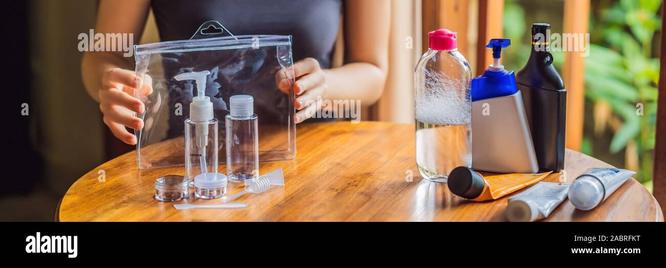 Travel kit for transporting cosmetics on an airplane. Cosmetics are