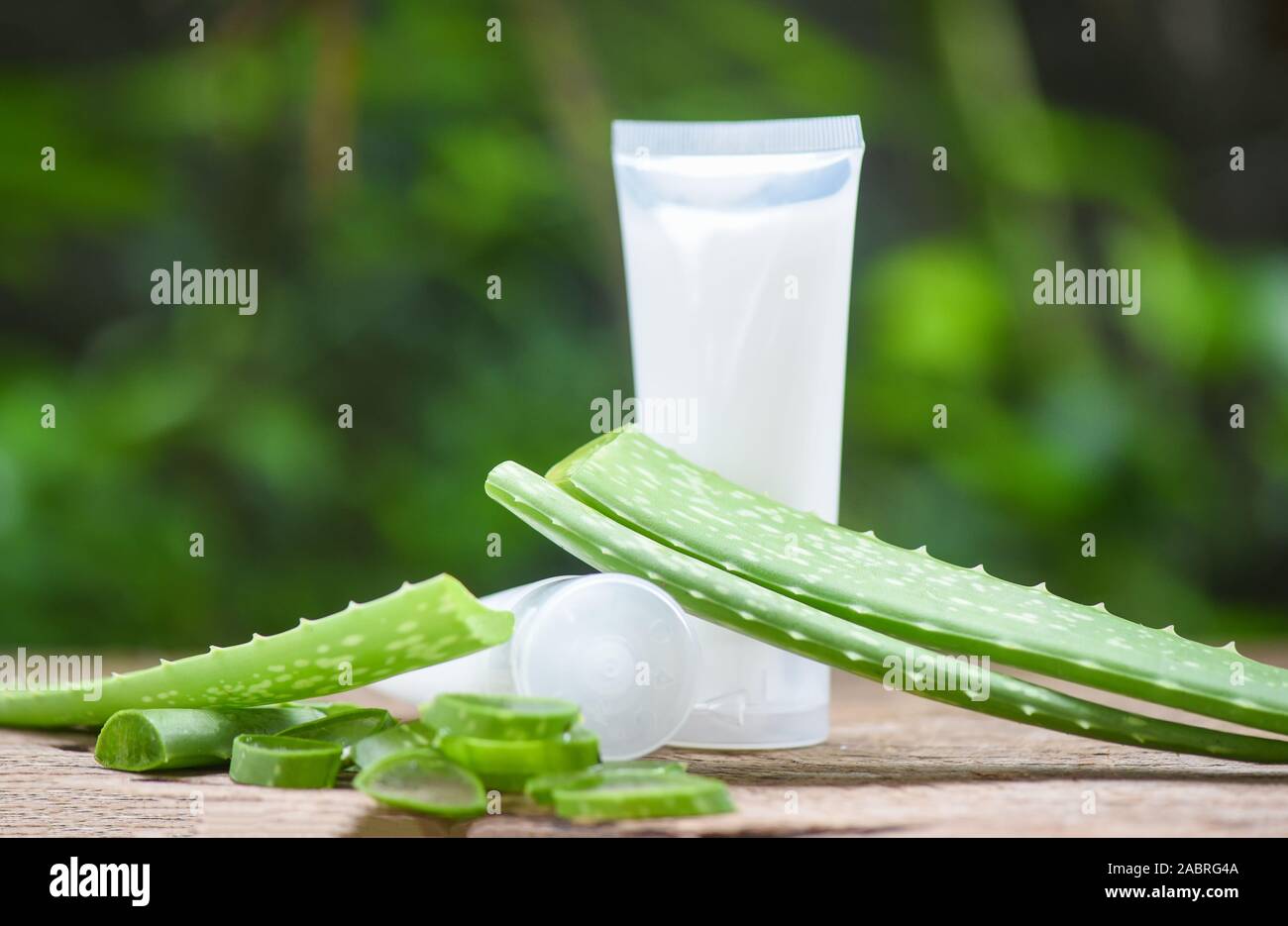 Fresh Aloe Vera Plant Leaf With Gel On Wooden Natural Herbs And