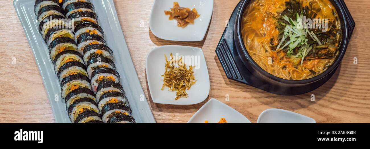 ramen noodles and gimbap meal national korean food BANNER, LONG FORMAT Stock Photo