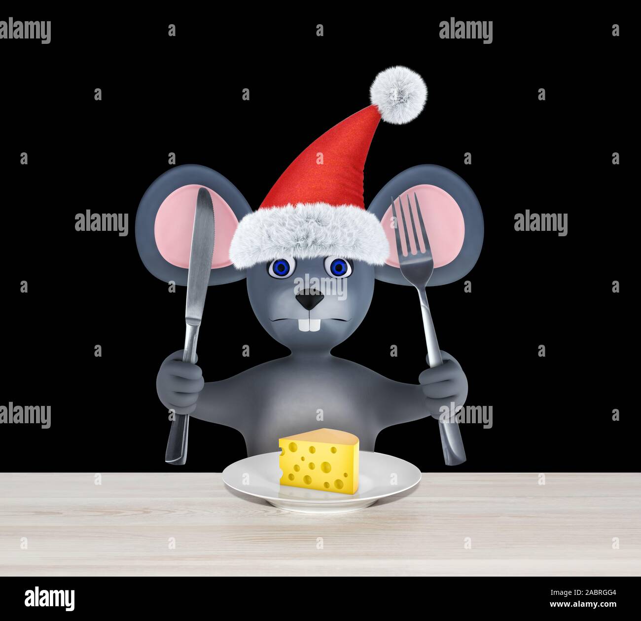 Happy new year 2020 greeting card with cute mouse and cheese isolated on black. Animal wildlife holidays cartoon character. 3d render. Stock Photo