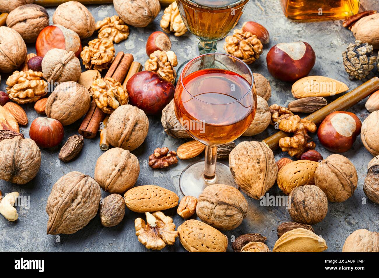 Aromatic alcohol from nuts.Nut liquor.Tincture on nuts.Italian liquor Stock Photo Alamy