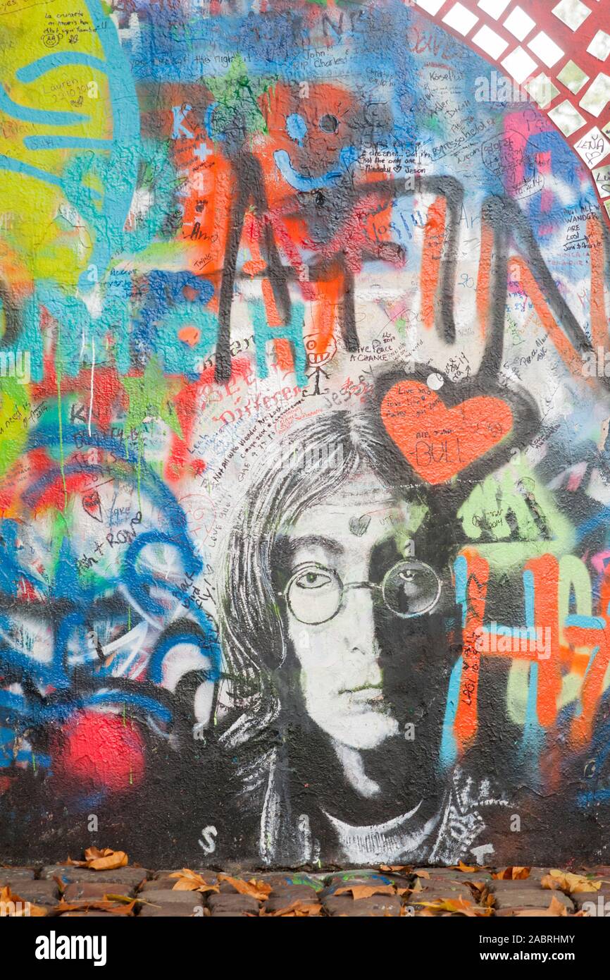Prague, Czech Republic - October 23, 2014 - The John Lennon wall. Since 1980 this wall has been filled with John Lennon inspired Graffiti. Stock Photo