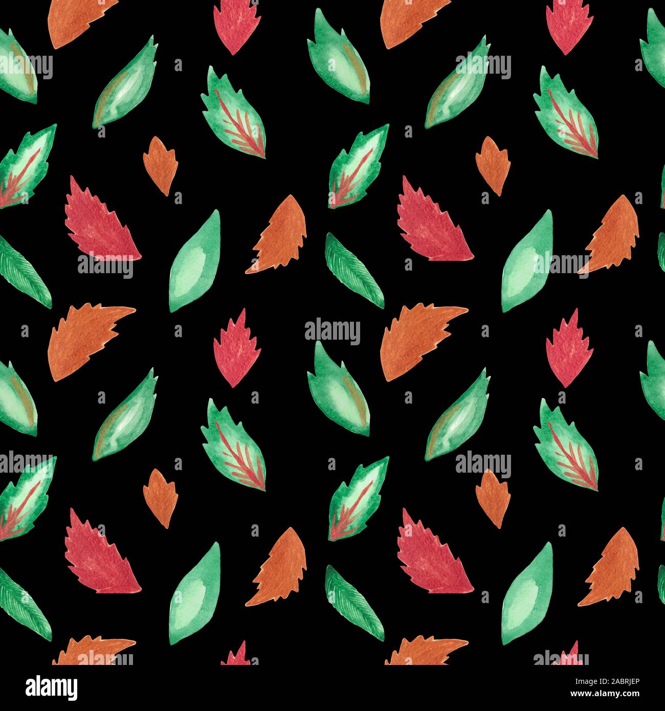 Seamless pattern hand-painted watercolor leaves to branches on a black ...