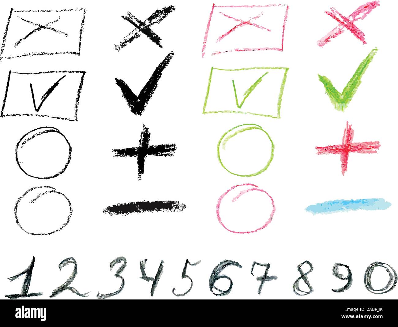 Set of colored design elements made with wax crayons. Stock Vector