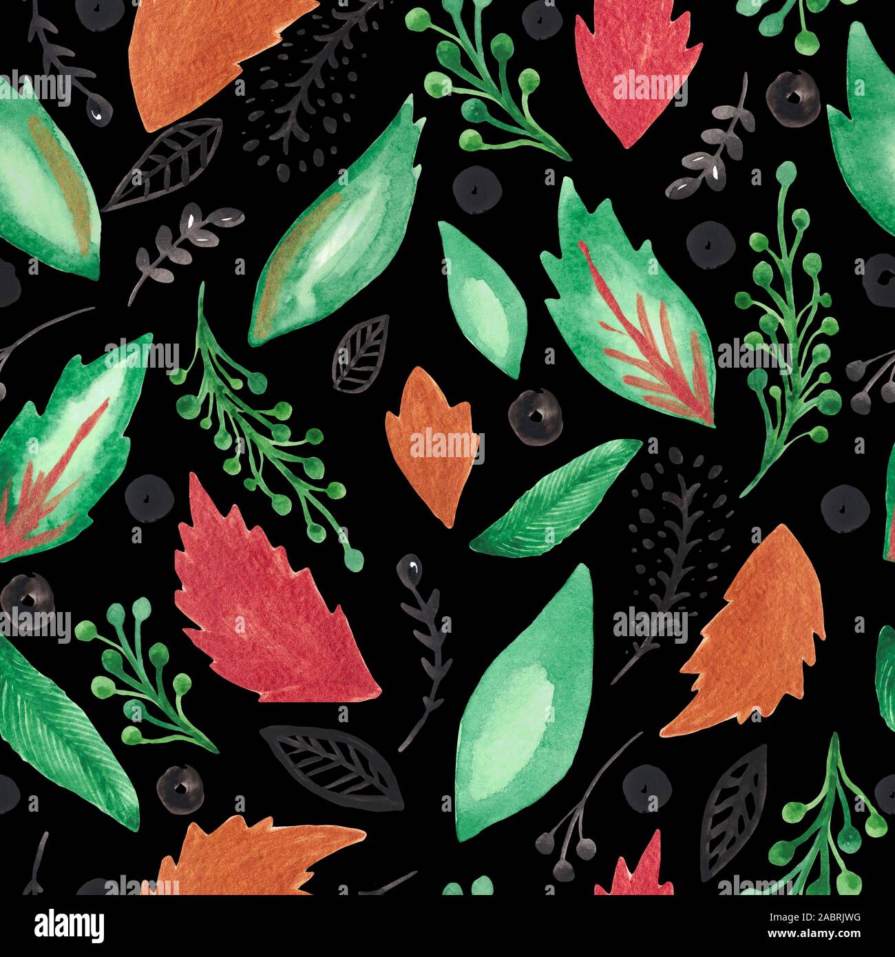 Seamless pattern hand-painted watercolor leaves to branches on a black ...