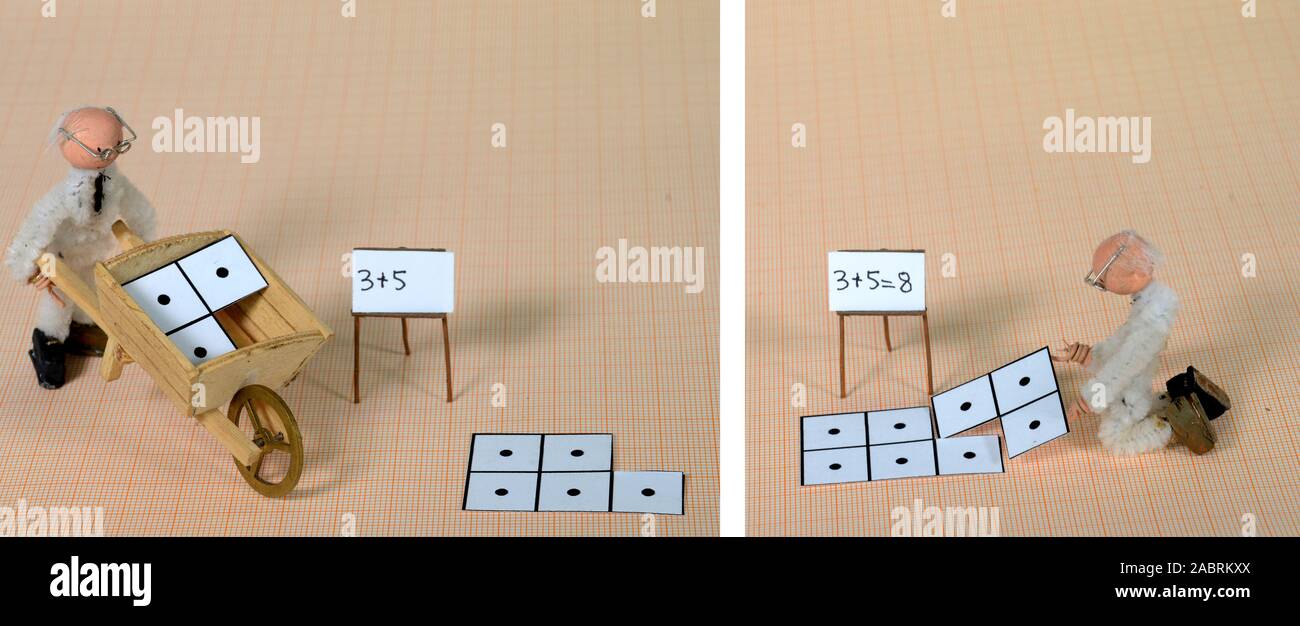 Split screen image with model situation showing the basics of addition. Stock Photo