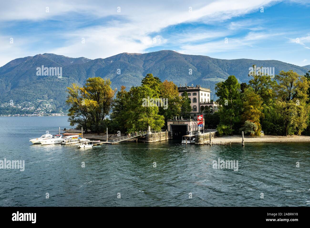 View of Isola Grande (or San Pancrazio), one of the two Brissago Island on the Swiss part of Lake Maggiore, Canton Ticino, Switzerland Stock Photo