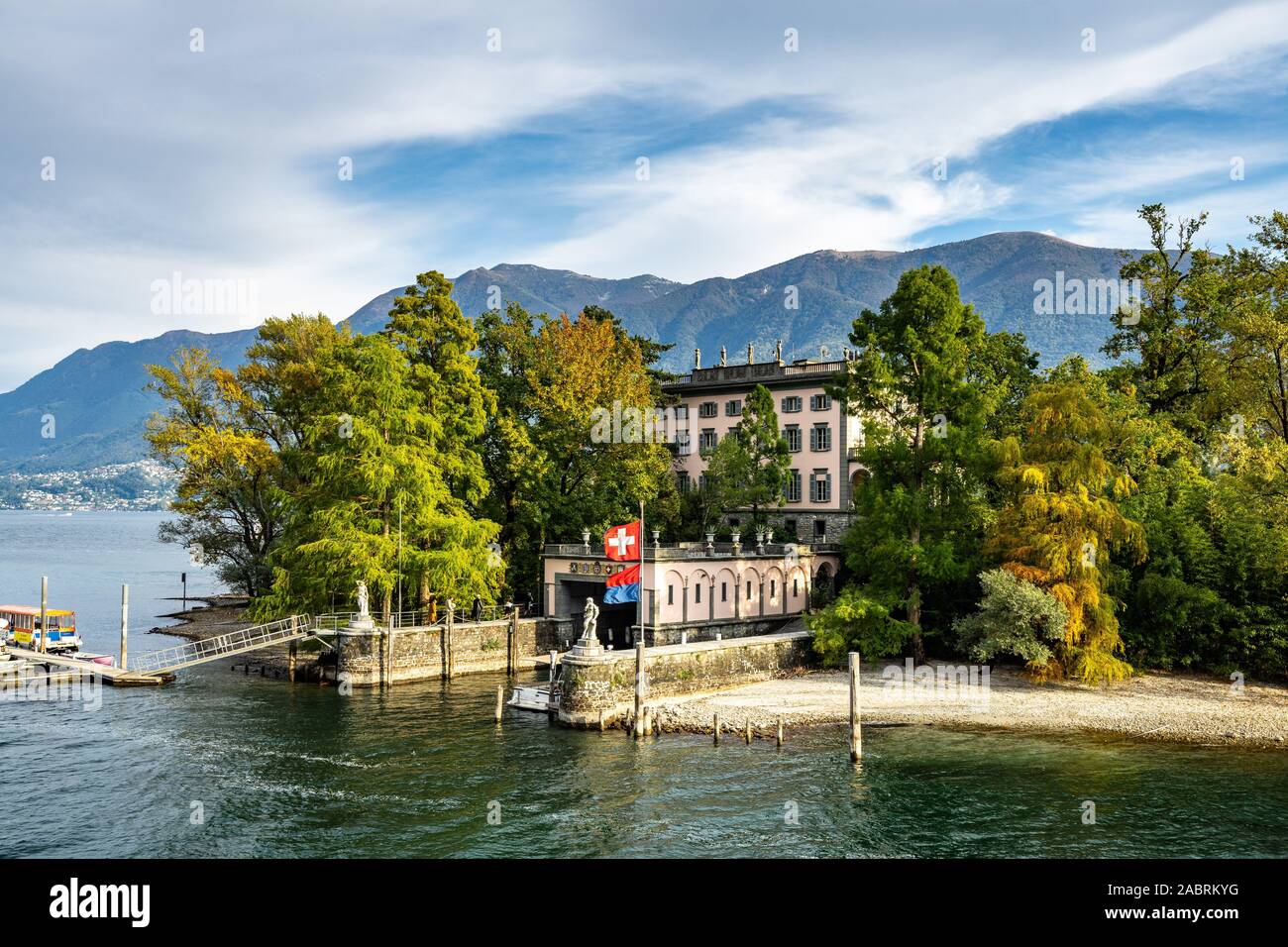 View of Brissago Islands and the luxury hotel Villa Emden, Canton Ticino, Switzerland Stock Photo