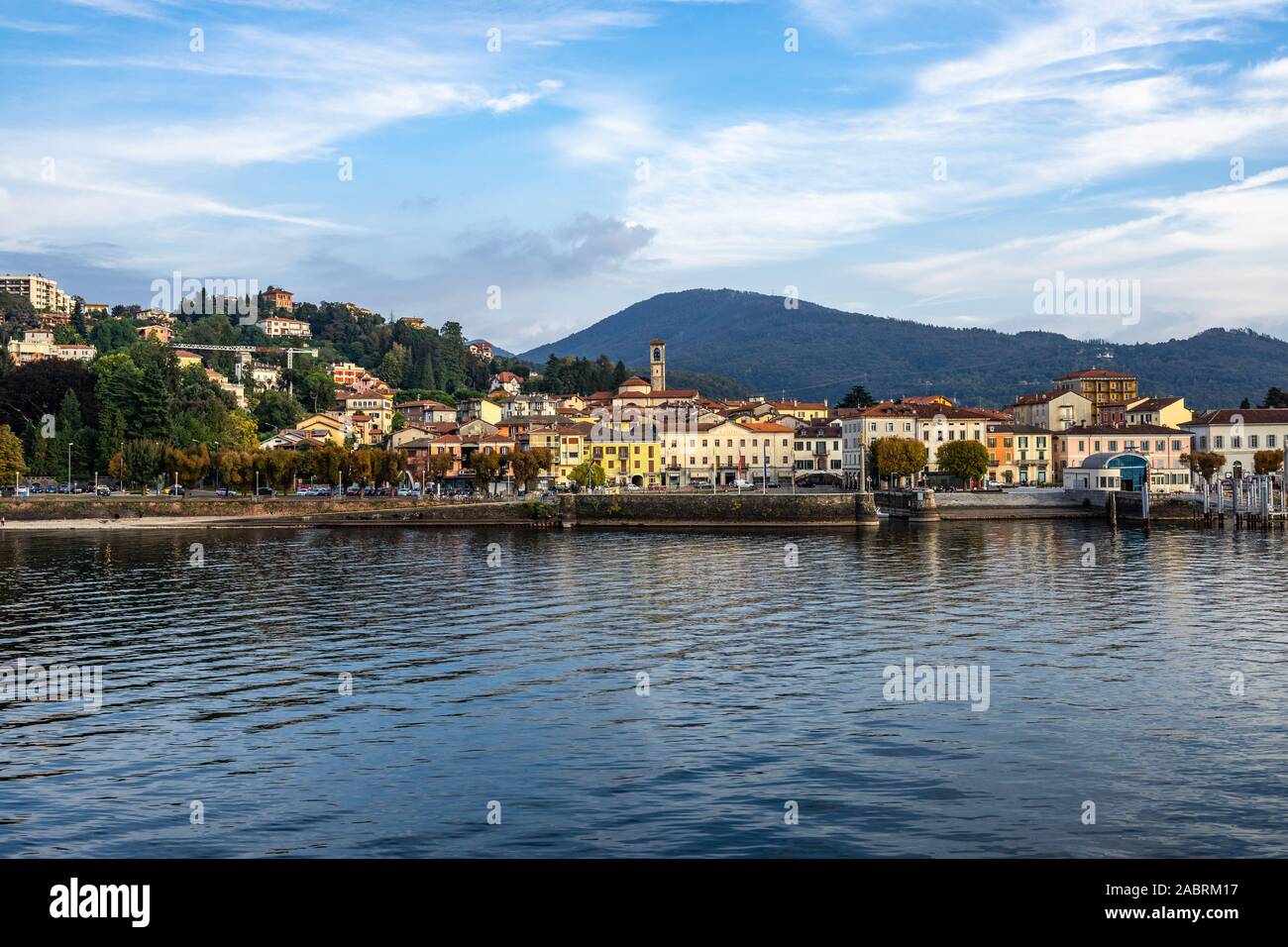 View of Luino from a ferry boat cruising on Lake Maggiore, Lombardy, Italy Stock Photo