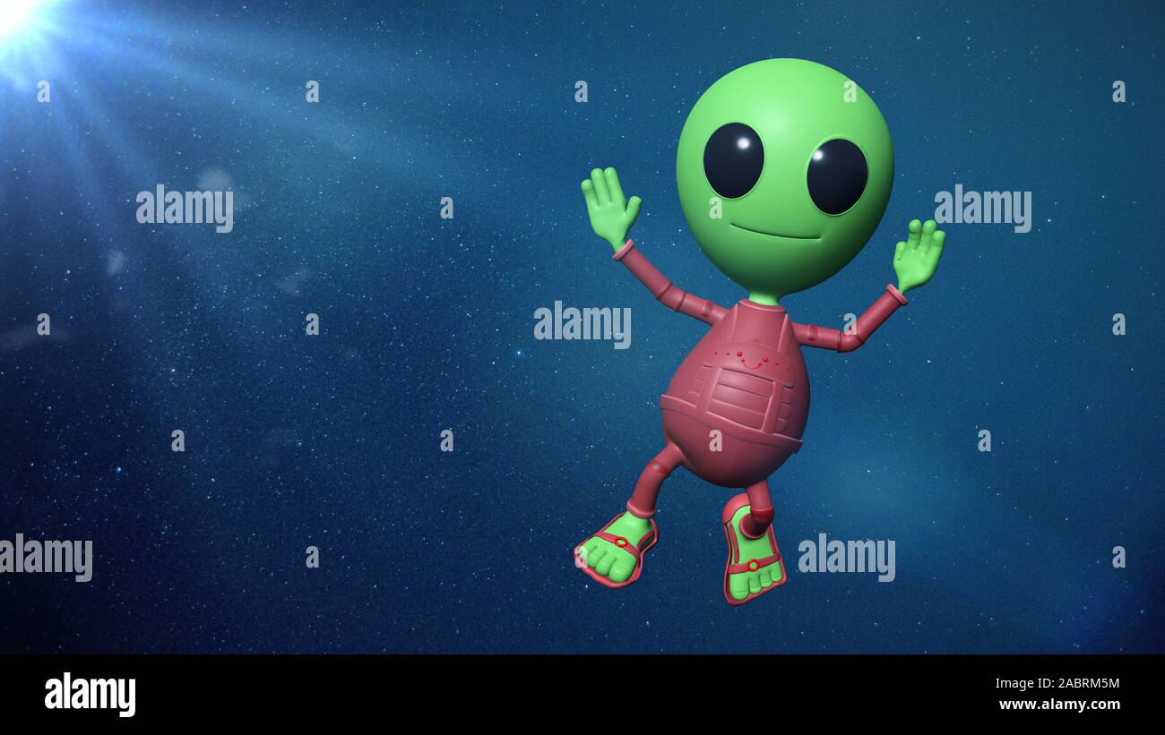 cute little alien cartoon character is waving his hand in empty space lit by the Sun Stock Photo