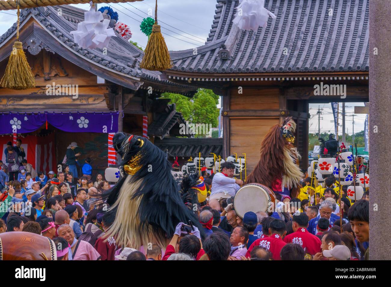 Himeji, Japan - October 15, 2019: Traditional dance of hair lion ceremony (shishimai), with men switch in lion costume. Part of the autumn festival of Stock Photo