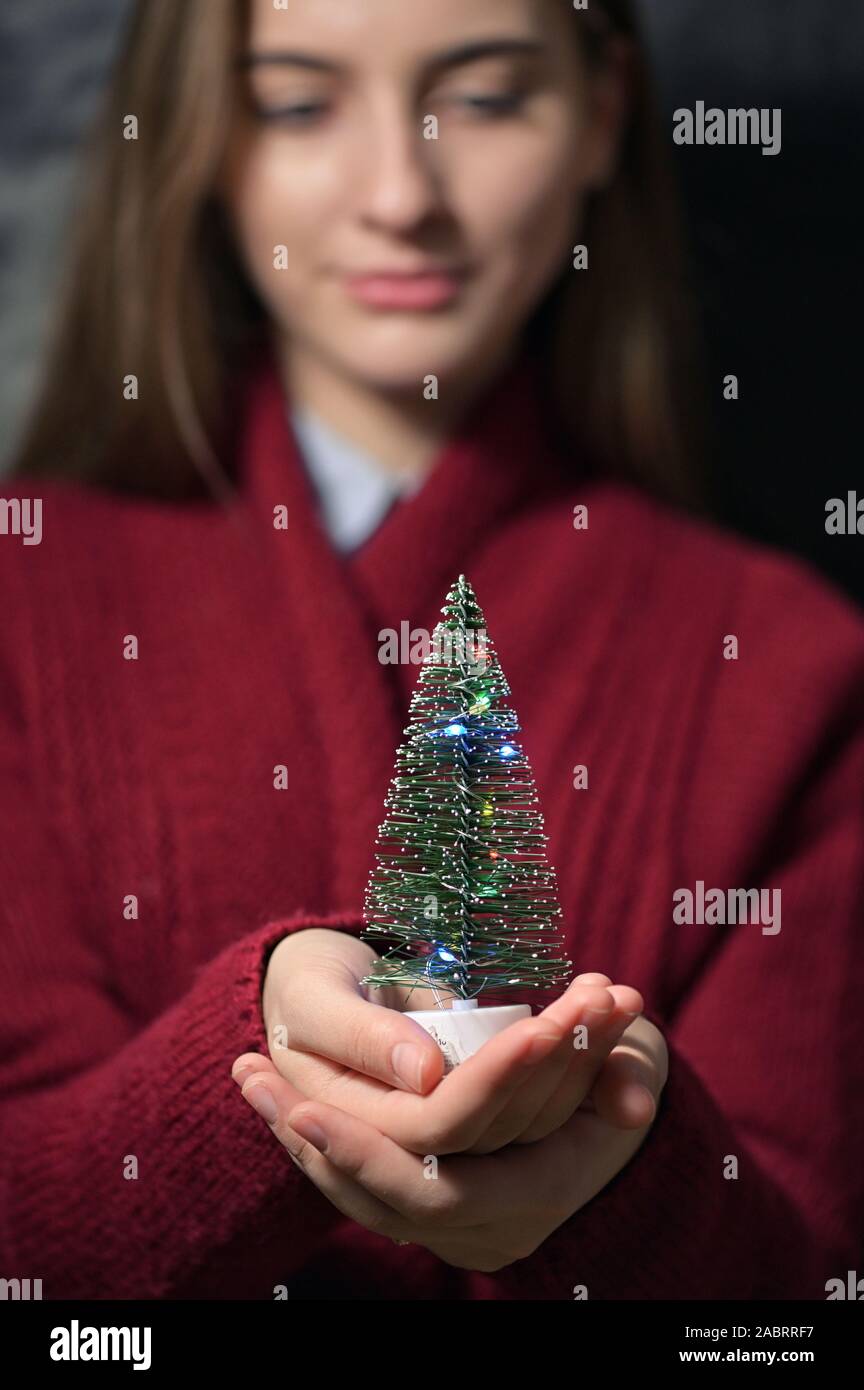 Young Girl With Christmas Tree In Hands Stock Photo